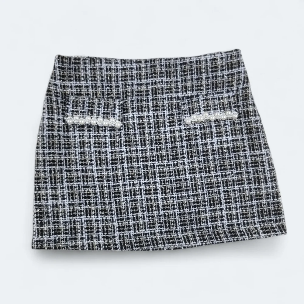 Flying Tomato Tweed Mini Skirt with Pearl Accents Size Large - Black and White